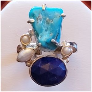 Genuine Blue Mojave Turquoise & Lapis Ring Sz 7.5